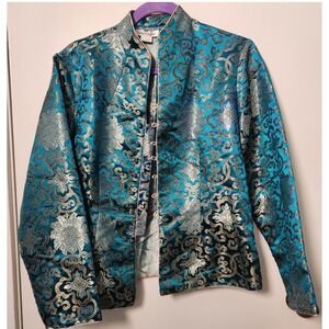 Ziongyu Asian 100% Silk Jacket US Med Green Gold Full Button Traditional Satin